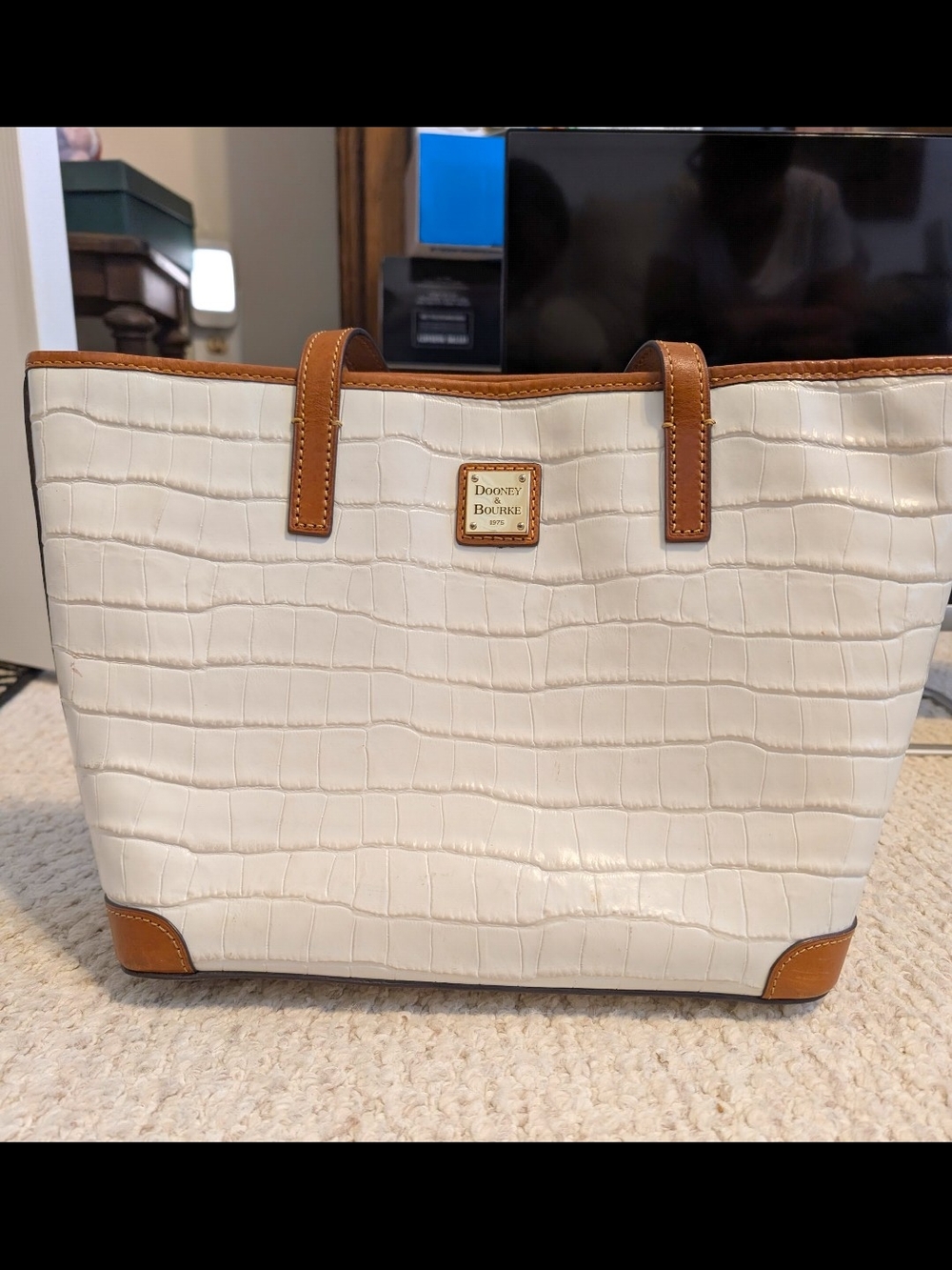 Dooney & Bourke Cream Croc-Embossed Tote with Tan Trim